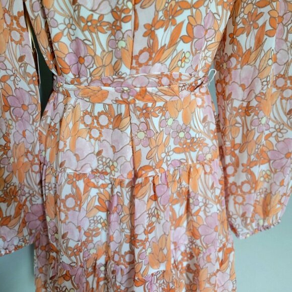 REYGRASS Long Sleeve Orange Pink Floral Dress Light Sheer Fabric Women's SZ M - Picture 6 of 9
